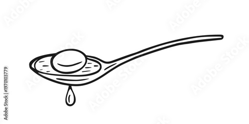 A hand-drawn illustration of a spoon with olive oil in it. The single drop of oil dripping from the spoon. Culinary, olive oil production, kitchen topics