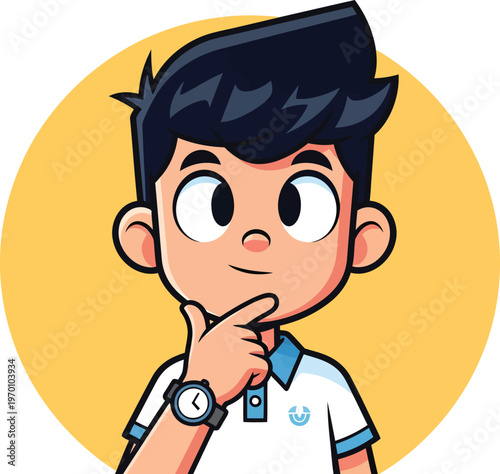 Thinking Boy Cartoon Character in Yellow Circle
