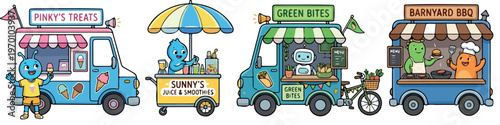 Colorful food trucks and cart illustrations for summer fun and festivals