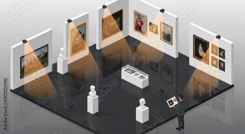 Man interacting with augmented reality digital art gallery interface featuring classic paintings and busts in modern isometric museum space