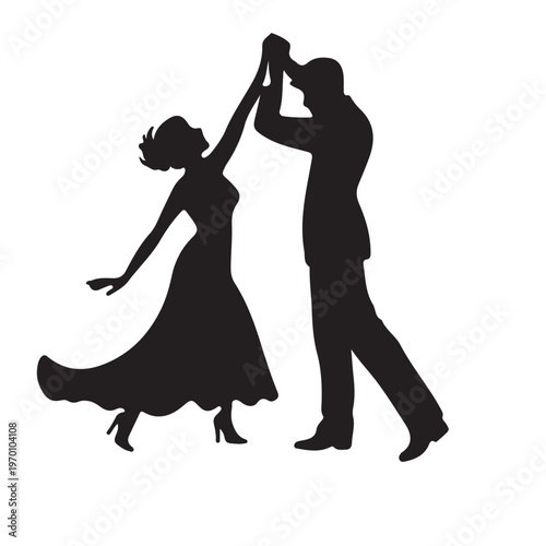 Silhouette of a wedding couple dancing in a black vector illustration of romance and love as the bride in her dress and the groom embrace