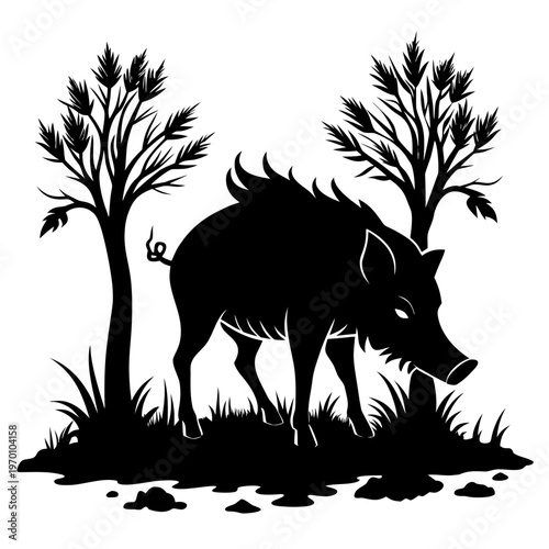 A wild boar foraging in a serene forest clearing at dusk Vector