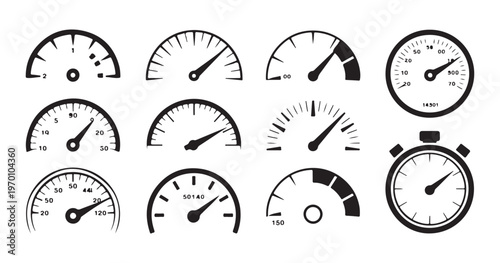 Assortment of gauge and meter illustrations, including speedometers, pressure gauges, and custom dials.