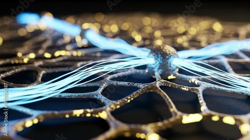 Futuristic Abstract Network with Glowing Fibers and Golden Particles