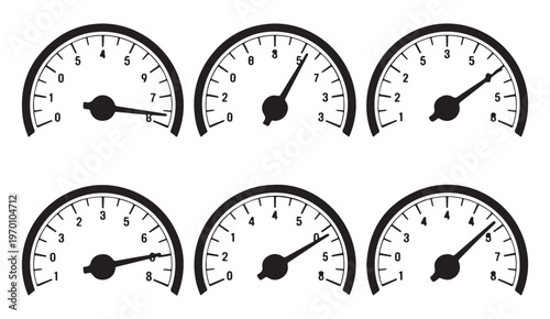 Six risk meters showing different levels of risk from low to high measurement scales business assessment.