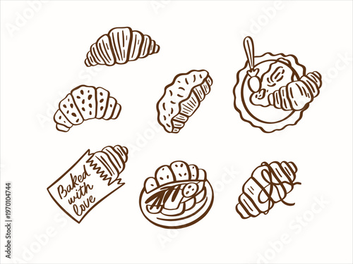Set of hand drawn croissants. Sketch style illustration. Flat vector collection isolated on white background