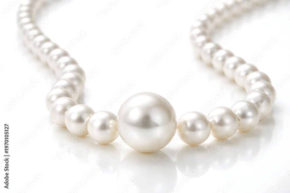 Obraz premium A stunning graduated white pearl necklace with a large central pearl, set against a clean white background with soft reflections.