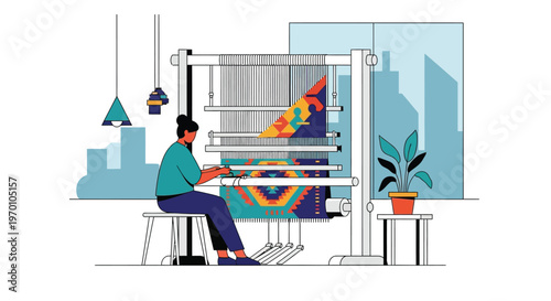 Woman weaving a colorful tapestry on a large loom.