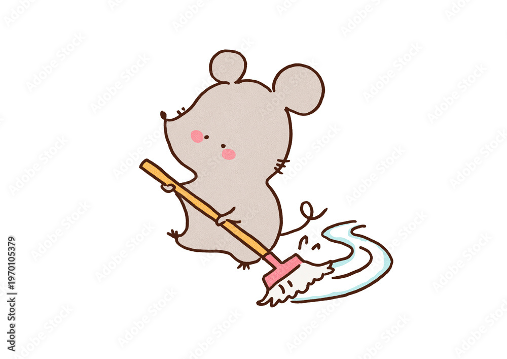 Fototapeta premium Cute mouse working hard to clean the floor with a mop, housework concept