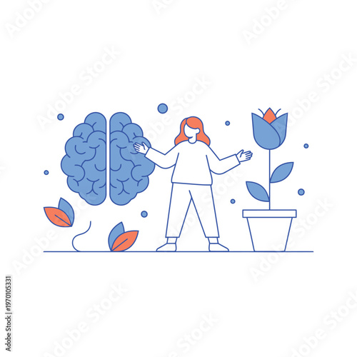Woman with brain and growing plant symbolizing mental growth.