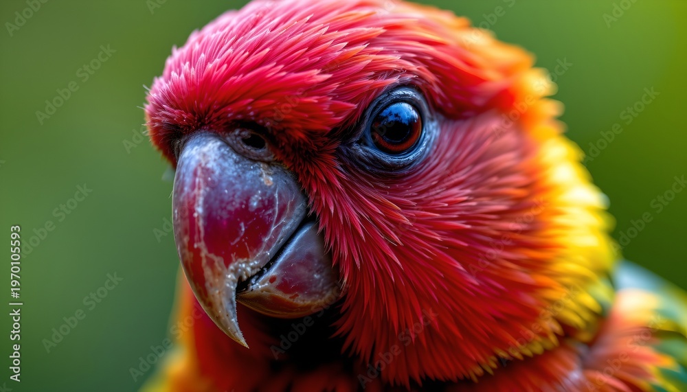 Fototapeta premium A close up image of a brightly colored bird reveals vibrant red, orange, and yellow feathers covering its head and body