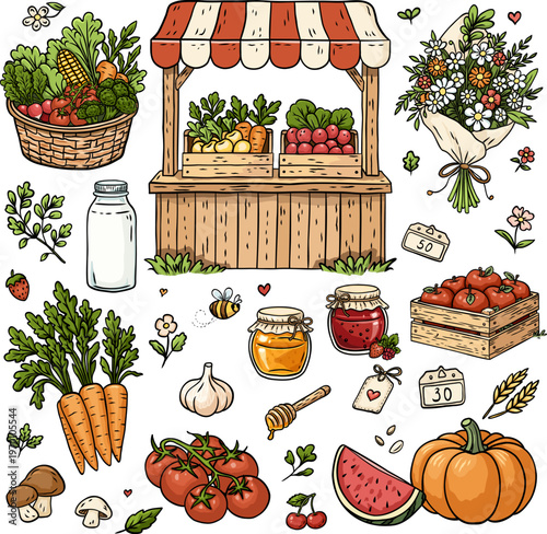 farmers market set with wooden stall vegetable baskets jars honey flowers and fruits arranged as collection on white background perfect for stickers, coloring pages