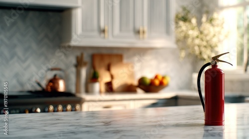Red fire extinguisher on marble kitchen counter with blurred modern home interior background