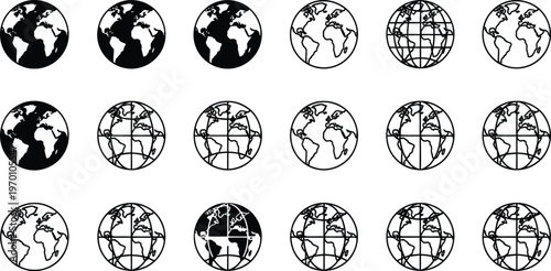 Globe earth map variations, solid black and outline, for global concepts design.