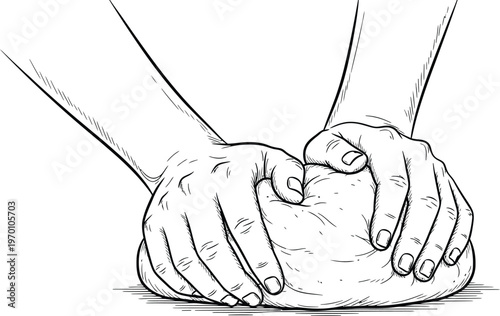 Hands kneading dough baking preparation process hand drawn illustration vintage.