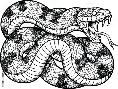 Rattlesnake coiled aggressive striking pose hand drawn illustration vintage style.