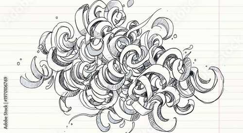Black and White Swirling Abstract Drawing on Lined Paper
