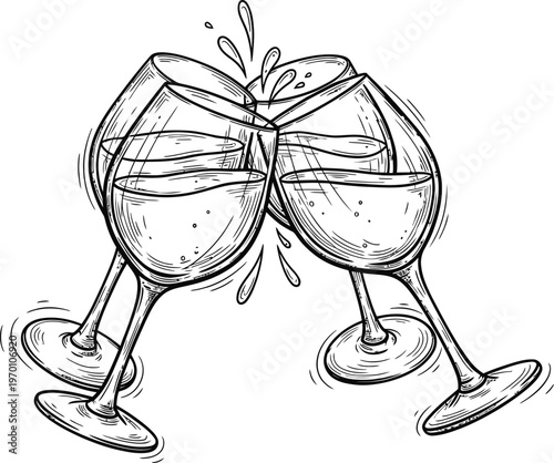 Wine glasses clinking in toast celebration sketch with splashing liquid and bubbly drink.