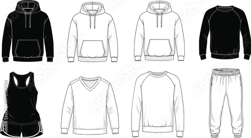 Minimalist sportswear clothing set hoodie sweatshirt tank top shorts joggers apparel outline vector illustration fashion collection bundle casual modern design