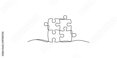 Simple line drawing of four connected puzzle pieces on white background jigsaw outline black and