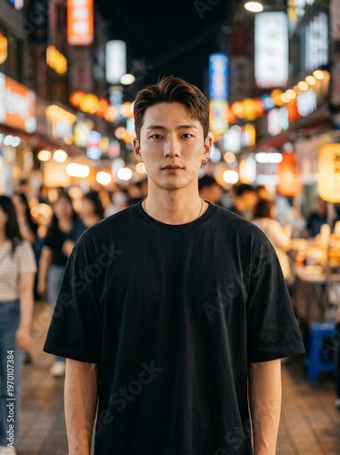 Korean Man Loose Black T-shirt Night Market Bokeh Mockup