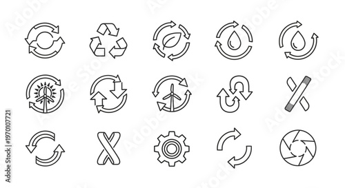 Recycling and Sustainability Line Icons Set. Eco-Friendly, Renewable Energy, Circular Economy.