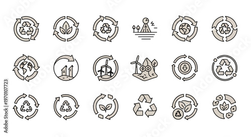 Recycling and Sustainability Icons Set: Eco-Friendly, Green Energy, and Environmental Conservation Symbols