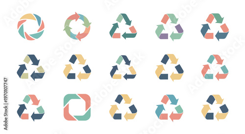 Recycling Symbols and Arrow Icons Collection in Pastel Colors for Eco-Friendly Design