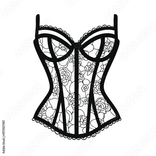 Lace corset outline. Floral lingerie and bustier fashion illustration. Vector graphic isolated on transparent background