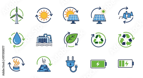Renewable Energy & Sustainability Icons: Solar, Wind, Hydro, Geothermal, Recycling, Eco-Friendly Symbols