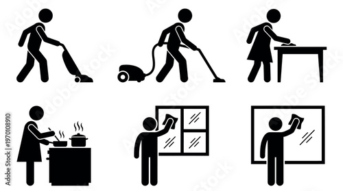 Daily life activities depicted in a monochrome illustration, highlighting essential chores and routines