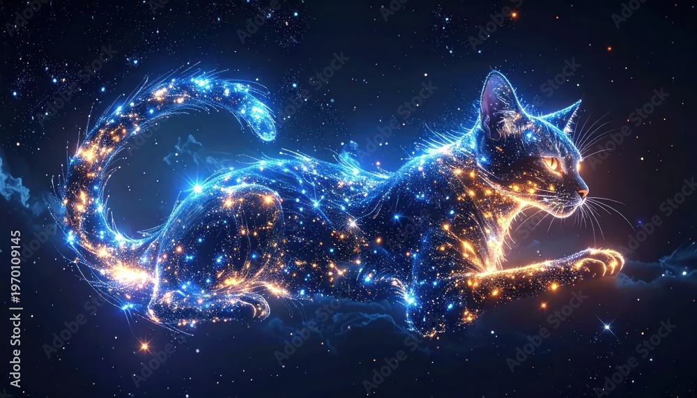 Fototapeta premium Glowing Cat Silhouette in Starry Night Sky.