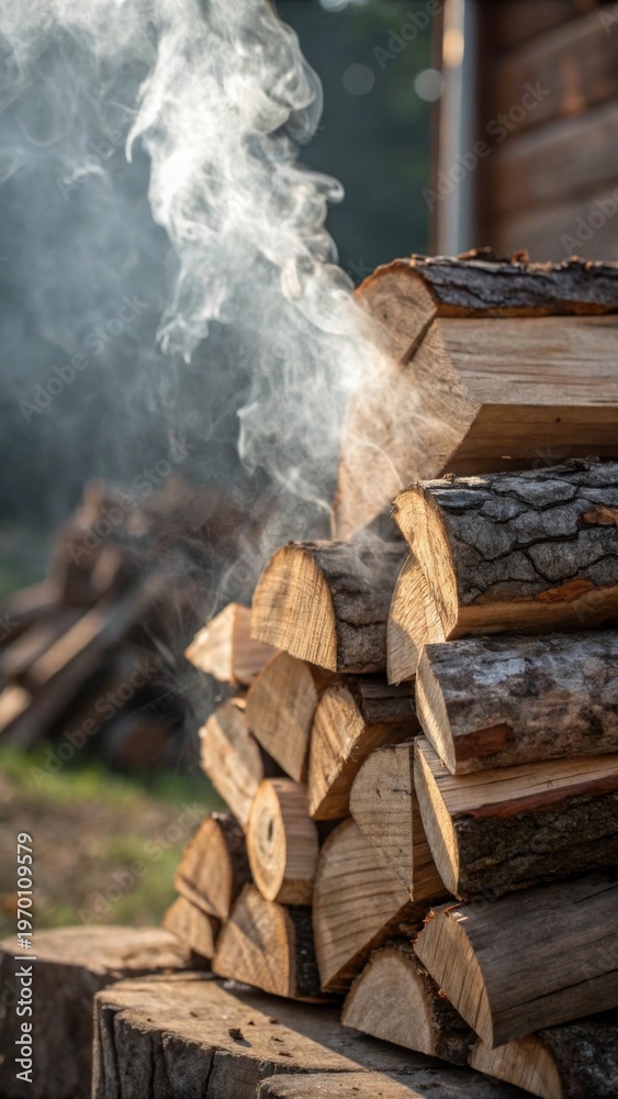 Fototapeta premium Campfire preparation stacked firewood with light smoke rising natural woodland setting close-up view evoking warmth and outdoor anticipation