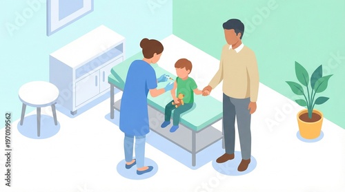 Isometric illustration of a child receiving a vaccination from a nurse in a modern healthcare clinic environment.
