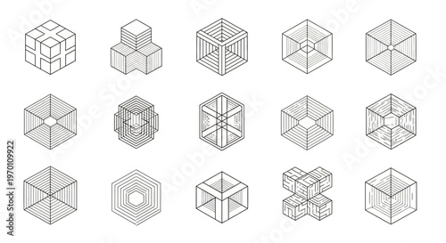 Abstract Geometric Cube Shapes and Wireframe Designs Collection.