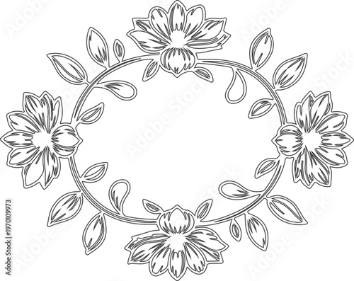 Elegant oval floral frame with blooming flowers and delicate leaves for wedding stationery or romantic invitation card border design element.