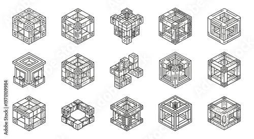 Abstract Geometric Cube Structures Isometric Line Art Collection.