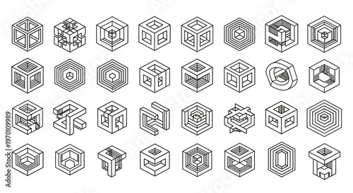 Abstract Geometric Hexagonal Cube Shapes Outline Vector Set.