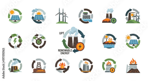 Renewable Energy and Power Generation Icons Set: Sustainable and Traditional Sources