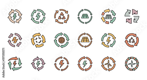 Renewable Energy and Sustainability Icons Set - Eco-Friendly Cycle Symbols Collection