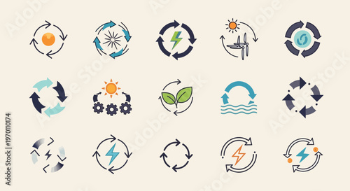 Renewable Energy and Sustainability Icons Set: Eco-Friendly Circular Economy Concepts
