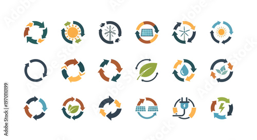 Renewable Energy and Sustainability Icons Set: Eco-Friendly, Green Technology, and Recycling Symbols