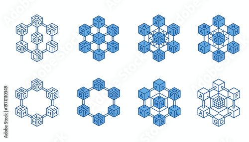 Set of eight blockchain technology concepts with interconnected cubes and letters.