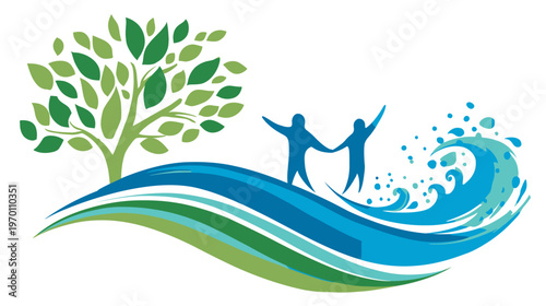 Abstract illustration of community, nature, and water, with happy people holding hands, green tree, and ocean waves