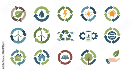 Sustainable Energy and Eco-Friendly Icons Set: Green Environment & Renewable Resources