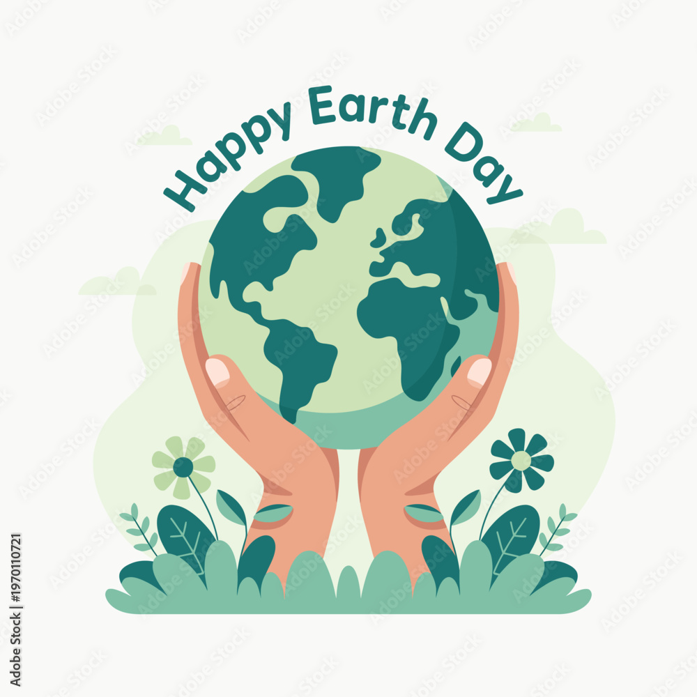 Fototapeta premium People holding a green globe with plants and flowers on Earth Day