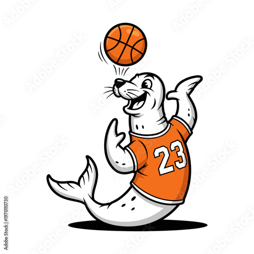 Happy Seal Basketball Player Mascot Balancing Ball