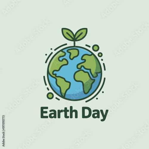 Earth Day illustration of a green planet with a small plant growing on top symbolizing environmental conservation and sustainability on a light green background