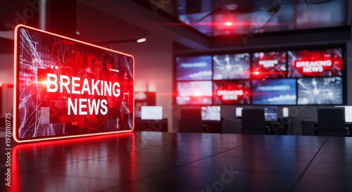 A breaking news alert displayed on a screen in a modern newsroom