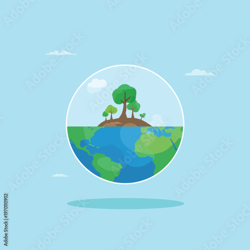 A serene illustration of a small island with trees inside a globe over water and sky.
